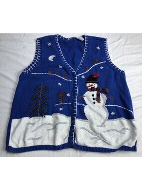 Capacity Women Vest Sweater Christmas Knit Button Blue Embroidered Size XL
